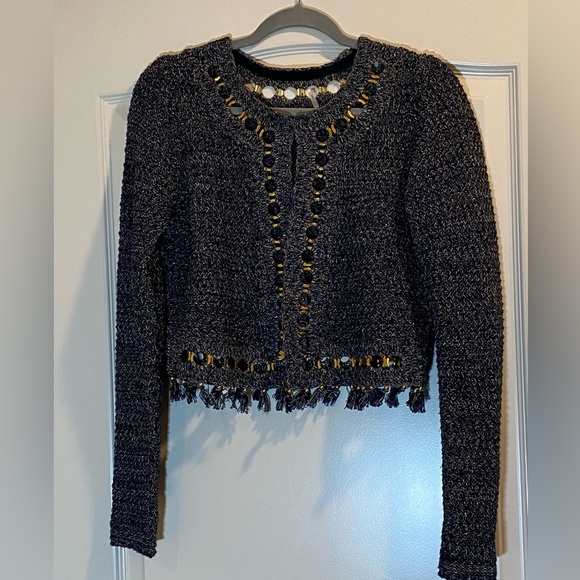 ELIE TAHARI Navy Blue Cardigan Gold Brass Rings Fringe Tassel Jacket.  Medium - Picture 9 of 9